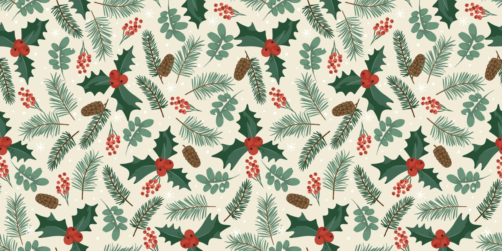 Christmas and Happy New Year seamless pattern. Spruce branches, leaves, berries, snowflakes. New Year symbols.Trendy retro style. Vector design template.