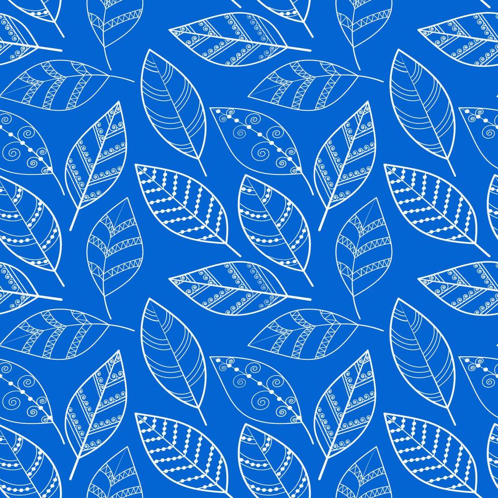 Vector seamless leaf pattern on a blue background.Seamless vector flower wallpaper.Decorative vintage pattern in an abstract style with leaves.Two color ornament with white leaves on a blue background