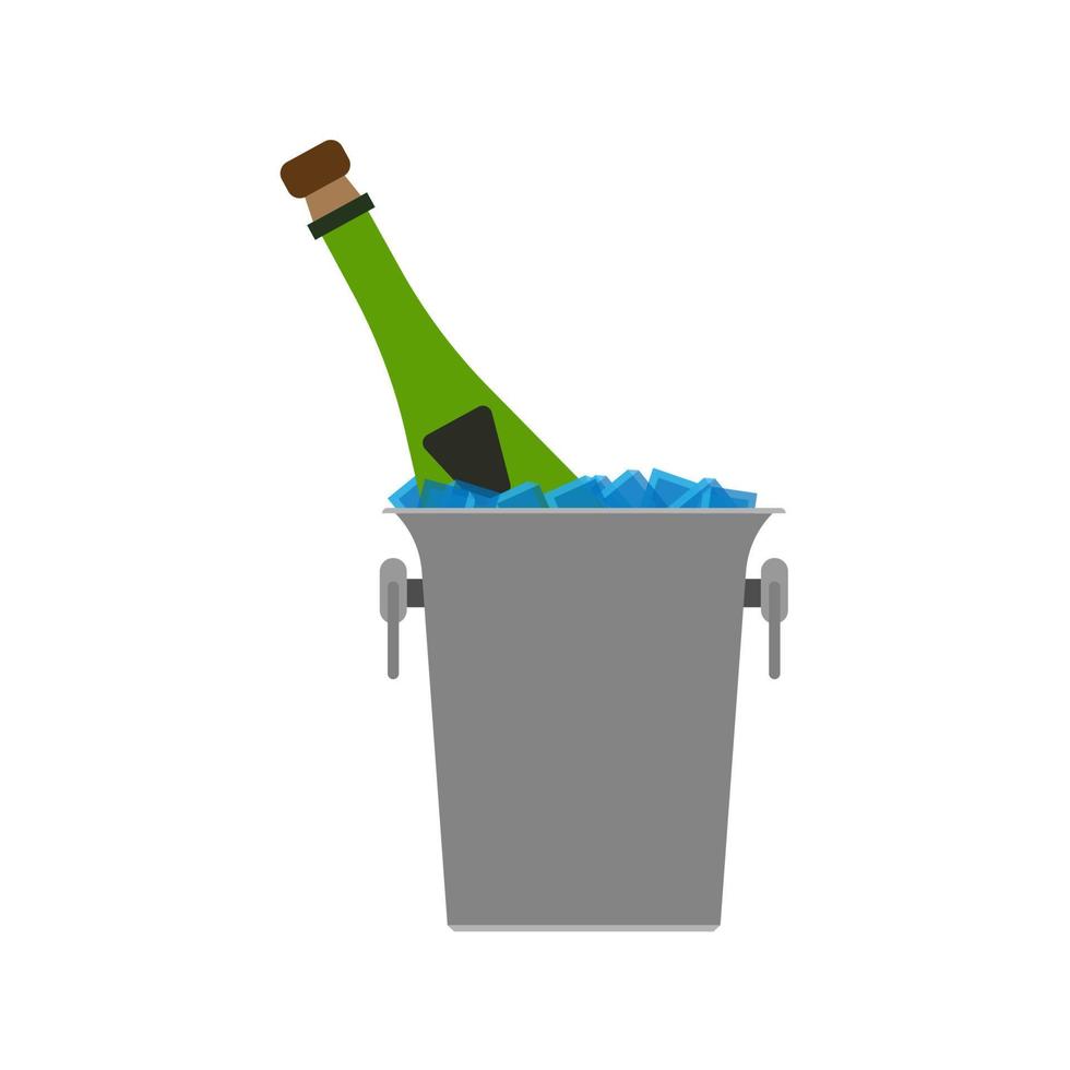 Champagne ice bucket set beverage event anniversary vector icon. Cooling flat glass bottle silhouette fridge