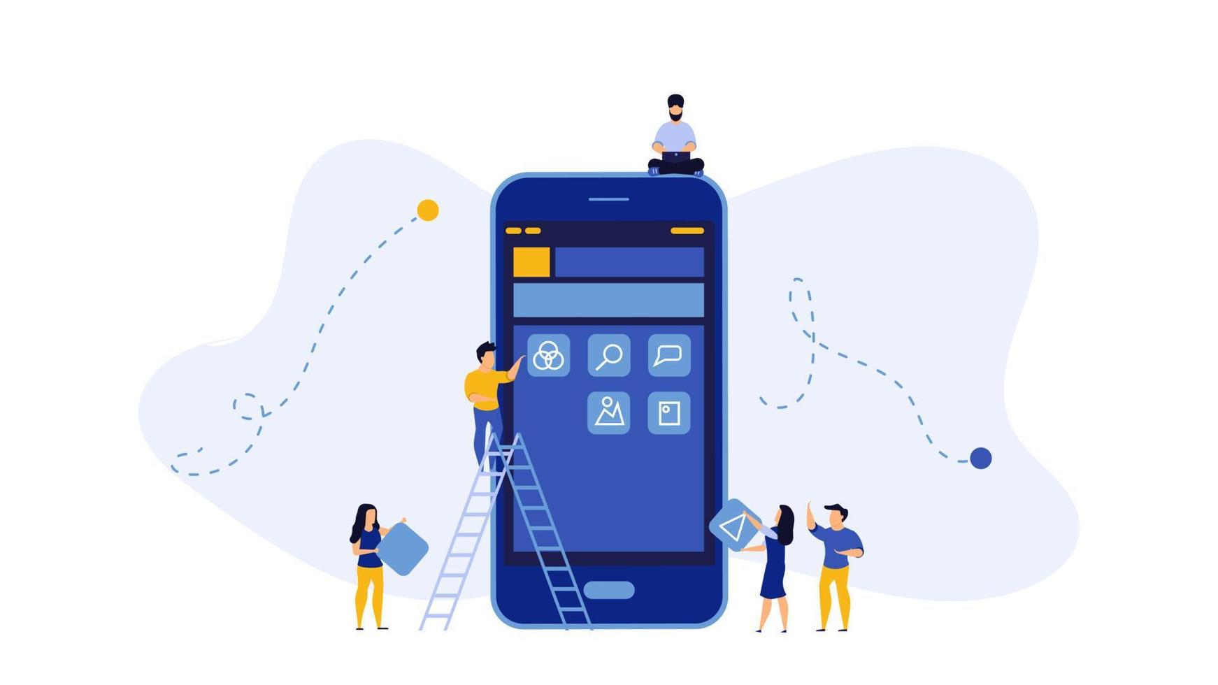 Mobile app development vector concept illustration design. Application create business phone web interface screen. Flat developer construction smartphone. Programming UI device button element.