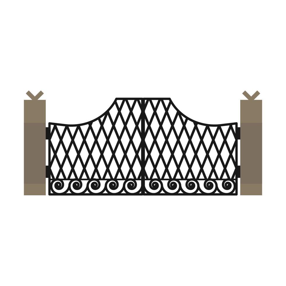 Gate with iron fence door and metal cartoon manor decoration. Front entrance from ironwork grid vector illustration. Old lattice wrought and classic frame ornament for park. Security steel structure
