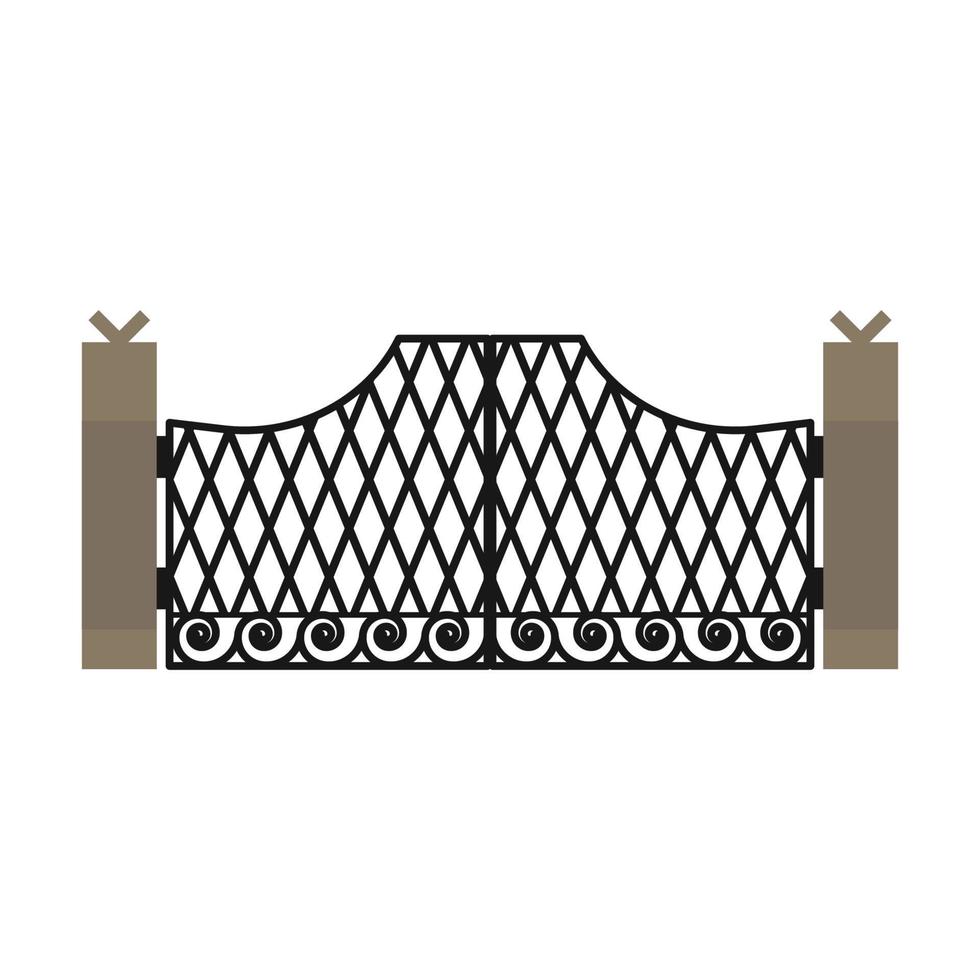 Gate with iron fence door and metal cartoon manor decoration. Front entrance from ironwork grid vector illustration. Old lattice wrought and classic frame ornament for park. Security steel structure