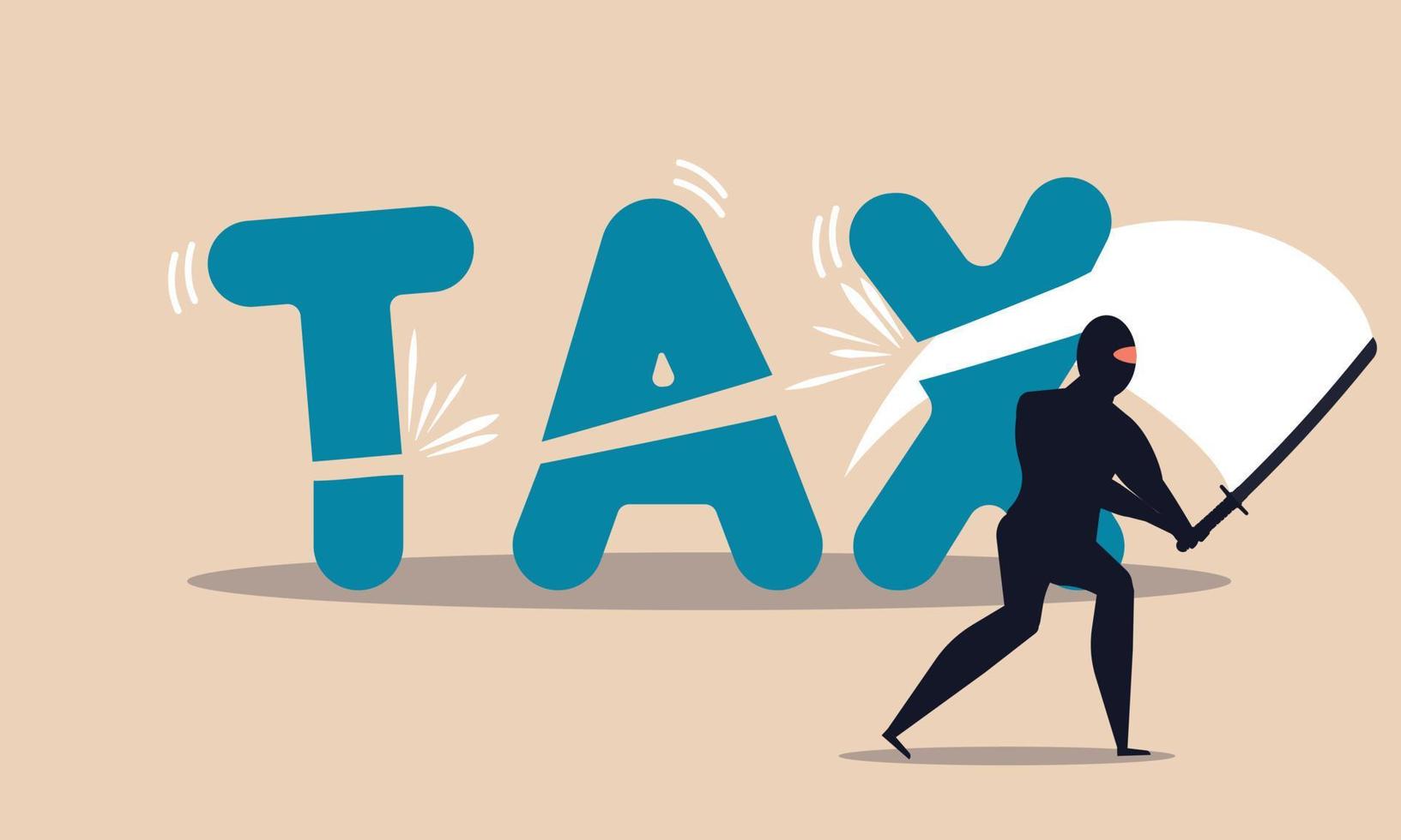 Financial tax reduction and slash with sword ninja taxation. People loss money and investment vector illustration concept. Government reform for money and deduction income pay. Business budget fee