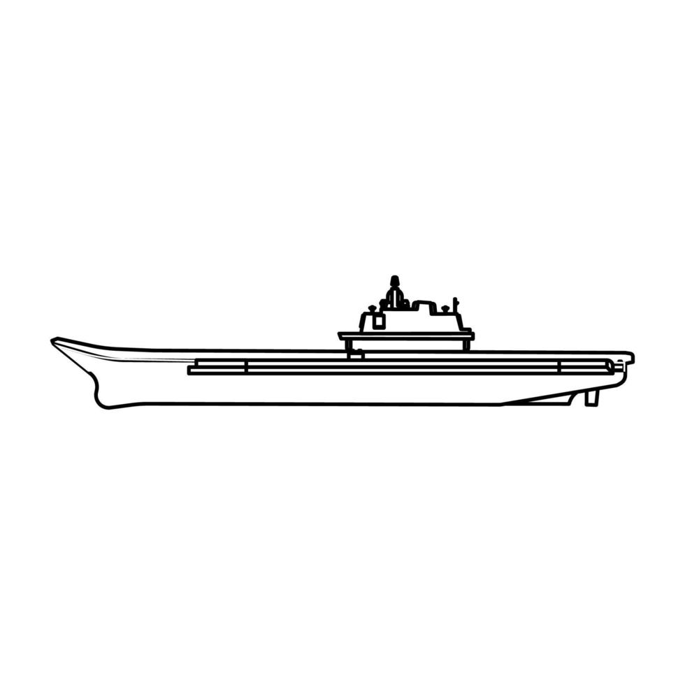 Aircraft carrier military ship vector icon illustration outline. Navy warship with weapon and plane. Battleship war transportation fighter isolated white line thin