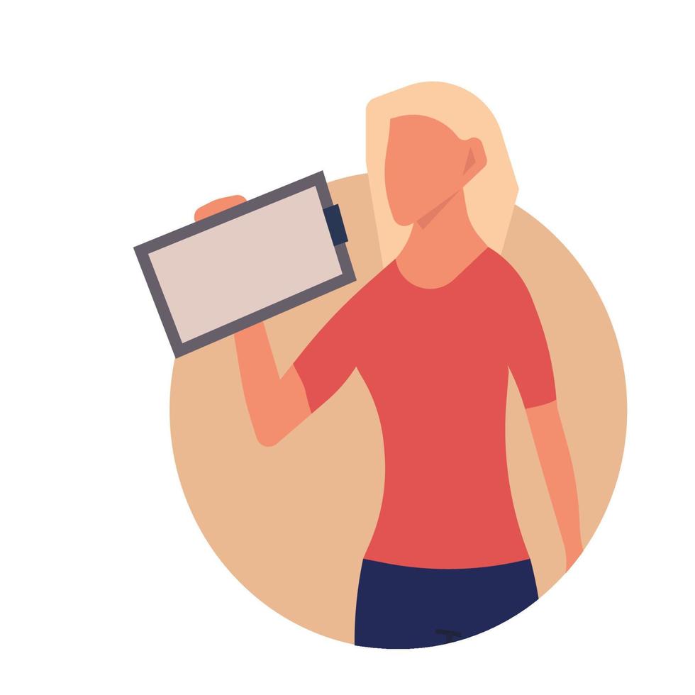 People with clipboard document vector illustration. Business checklist with character concept icon. Questionnaire work report and holding sign. Human with note board mark and happy avatar employee