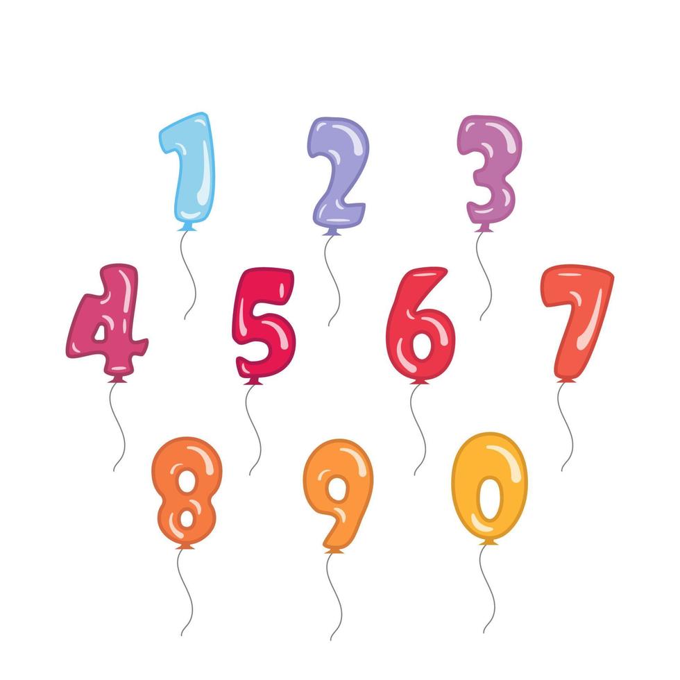 Collection of colorful rubber balloons numbers. Set of balloons with rope vector birthday illustration