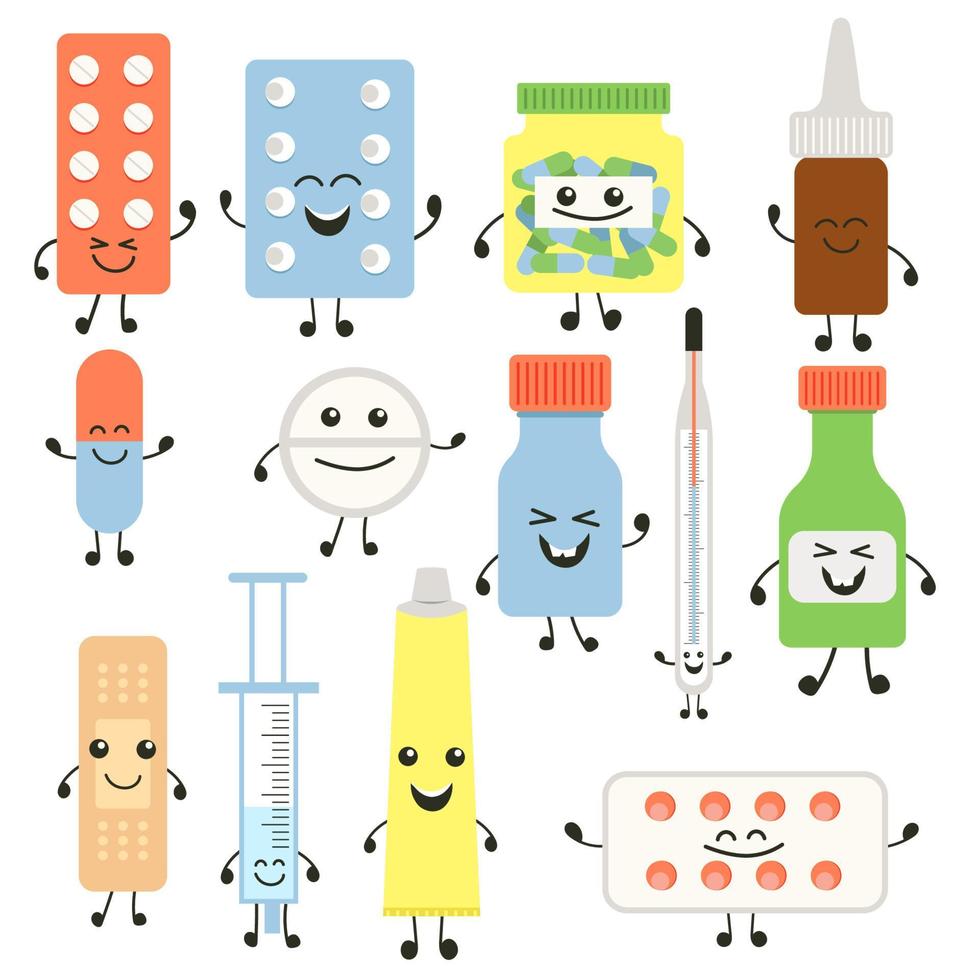 Funny medicine pills character set. Humor medical emoticons pills collection. Cartoon work emoji character health care pharmacy. Happy face pills mascot icon tablet. Isolated hospital concept symbol vector