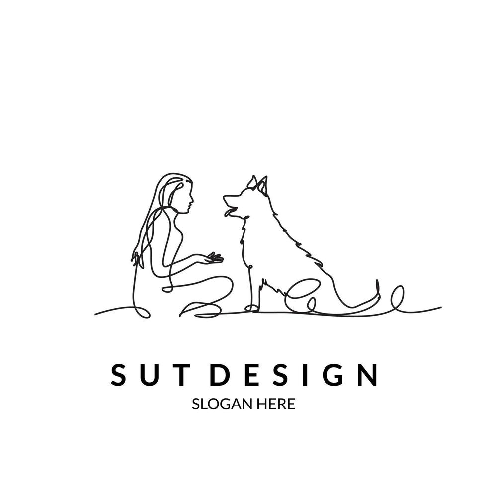 mujer hablando con perro golden line art logo vector art