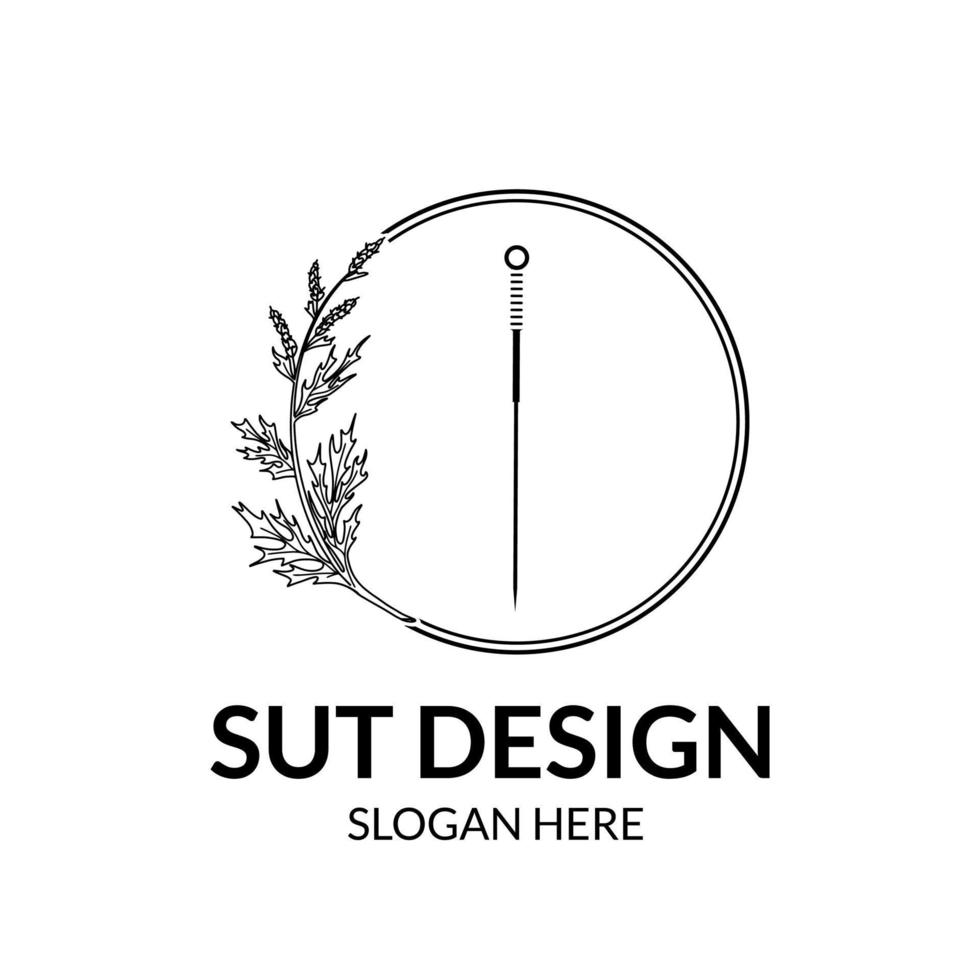 leaf herbal logo in line art style with needles vector