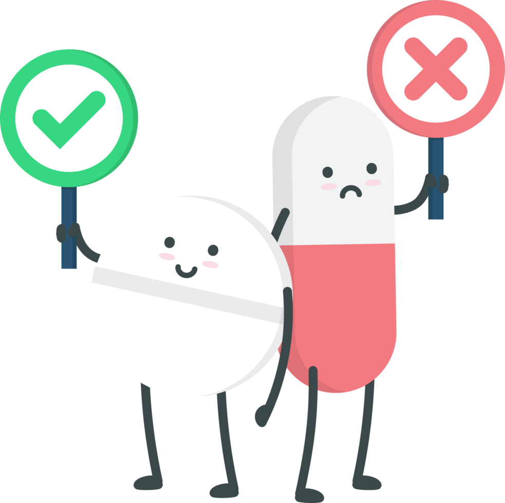 Cute pill with correct and wrong sign cartoon character png