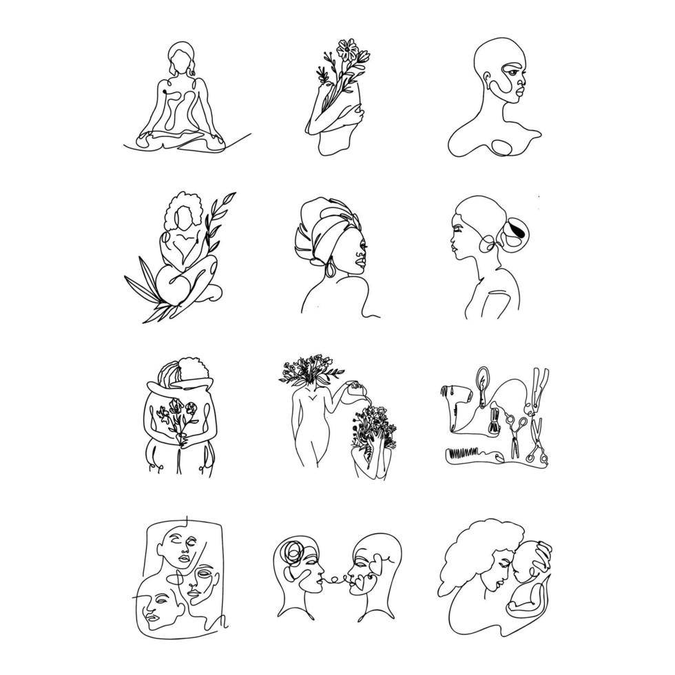 line art collection of afro women mothers with line art style botanical dan floral vector