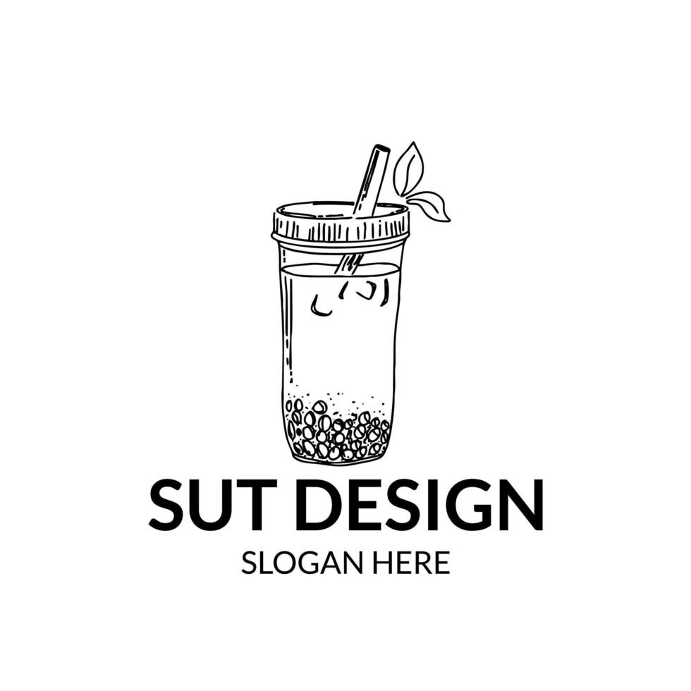 boba in line art and botanical style, hand drawn logo vector illustration with leaves in the glass