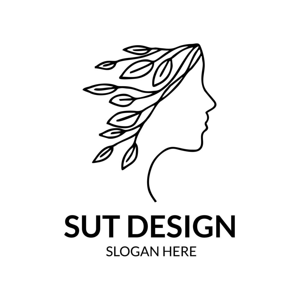 line art of woman with floral head, plant and flower on head vector logo