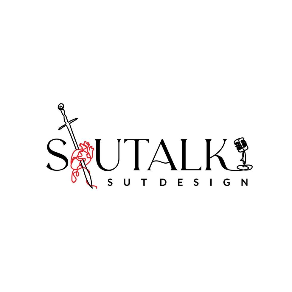 Heart-piercing sword podcast logo and microphone in minimalist line art style vector