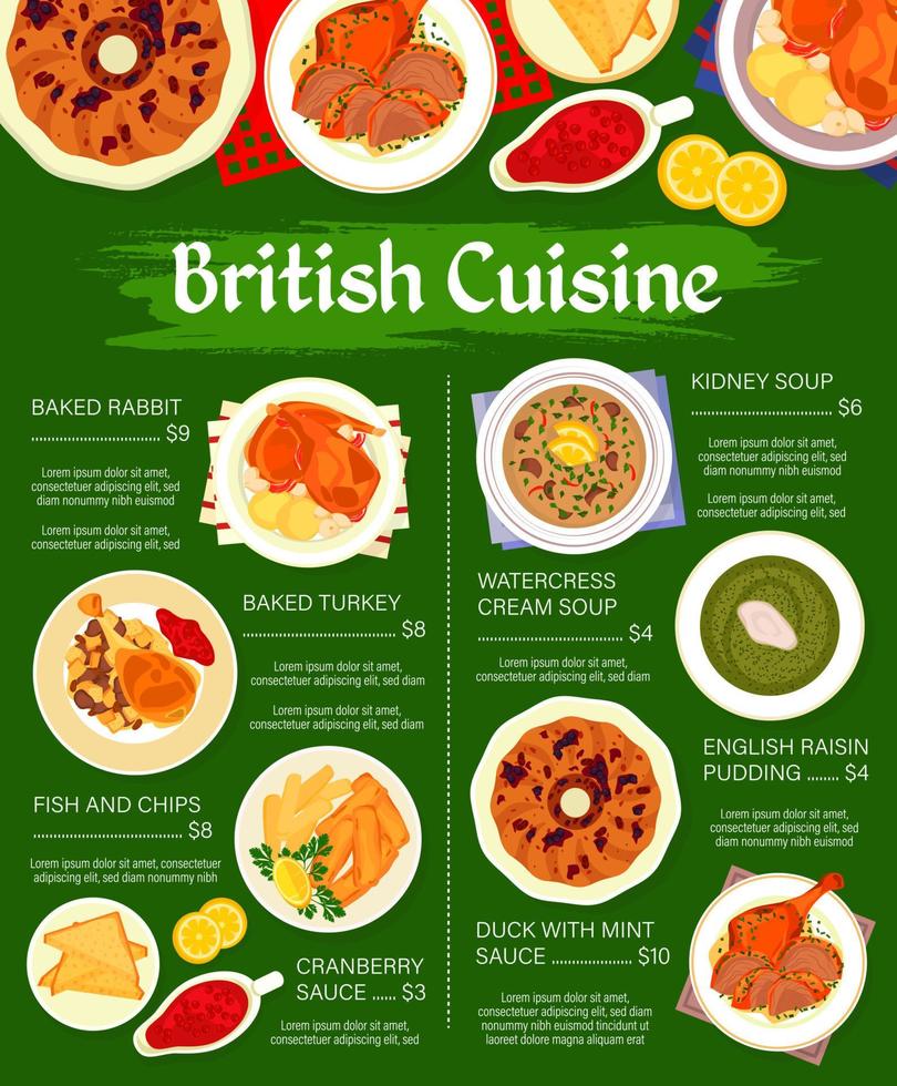 plantilla de vector de página de menú de comidas de cocina británica