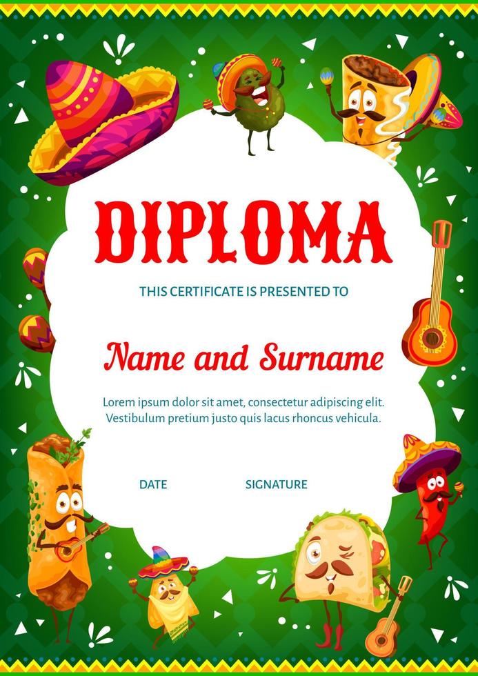 diploma vertical para niños con comida mexicana de dibujos animados vector