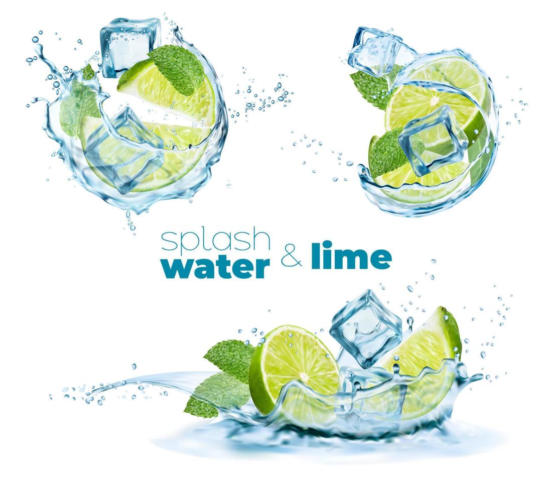 Swirl water splash with lime, leaves and ice cubes vector