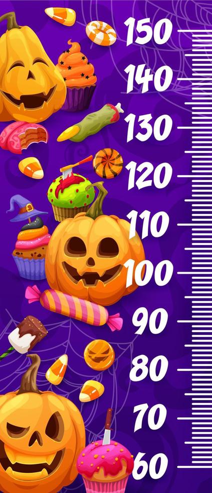 Kids height chart ruler, Halloween pumpkin, sweets vector