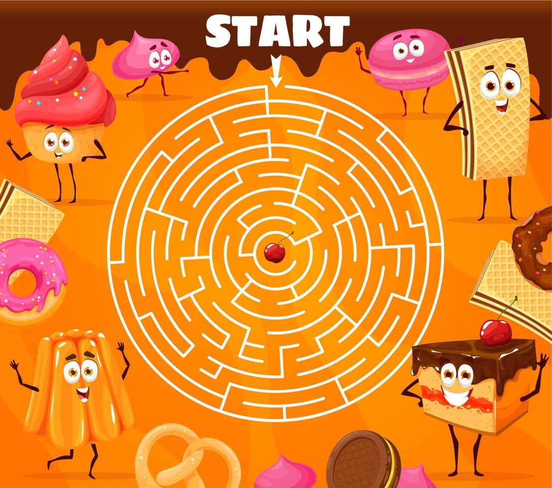 Round labyrinth maze cartoon bakery characters vector