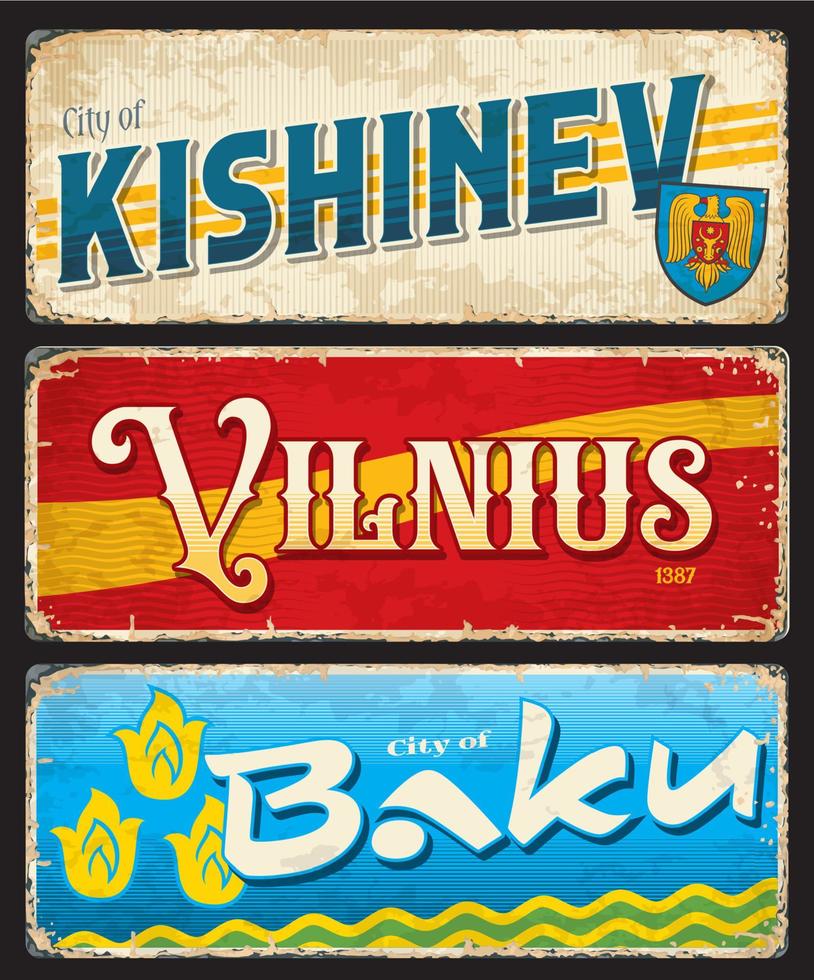 Kishinev, Vilnius, Baku city travel stickers vector