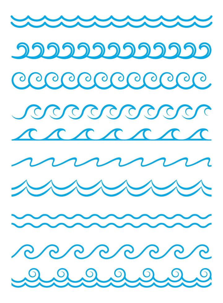 Sea and ocean waves, blue water surf borders vector