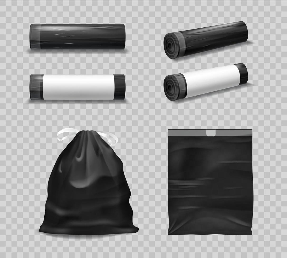 Black plastic garbage bags, trash bin roll mockup vector