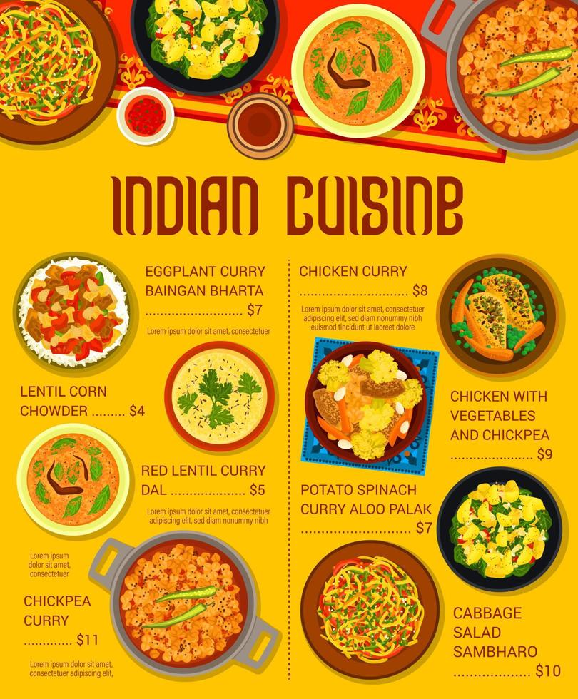 plantilla de página de menú de comidas de restaurante de comida india vector