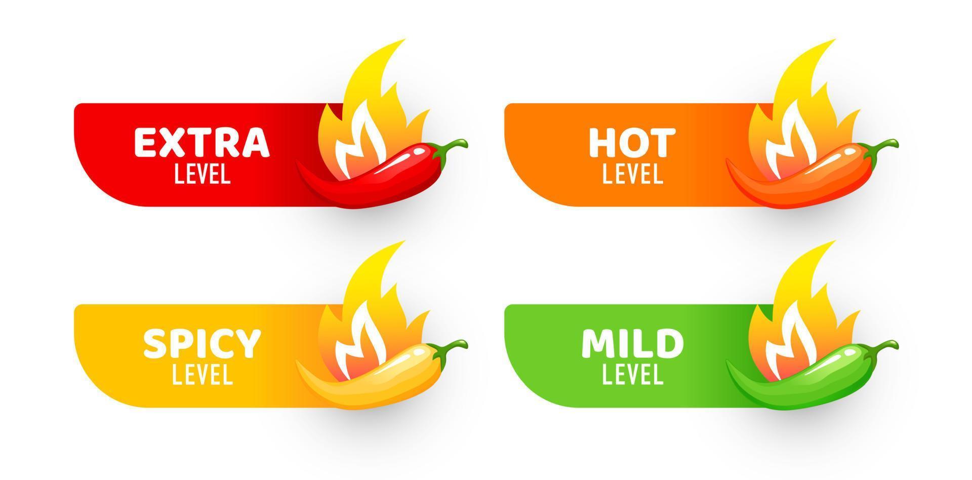 Spicy level sticky labels with peppers in flame vector