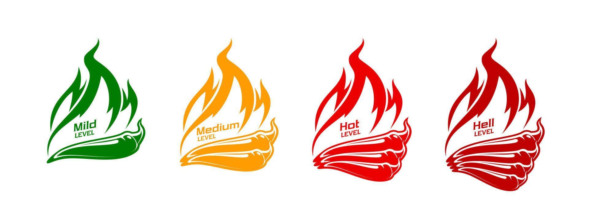 Spicy level labels with hot peppers in flame vector