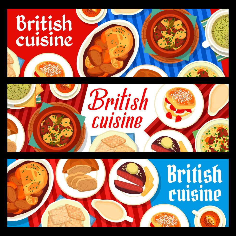 banners de cocina británica con platos de comida inglesa vector