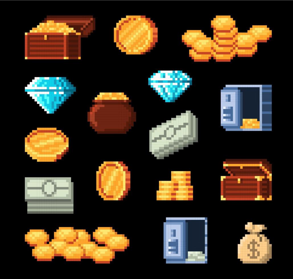 Monedas de oro de píxeles de juego de 8 bits, cofre, iconos de diamantes vector