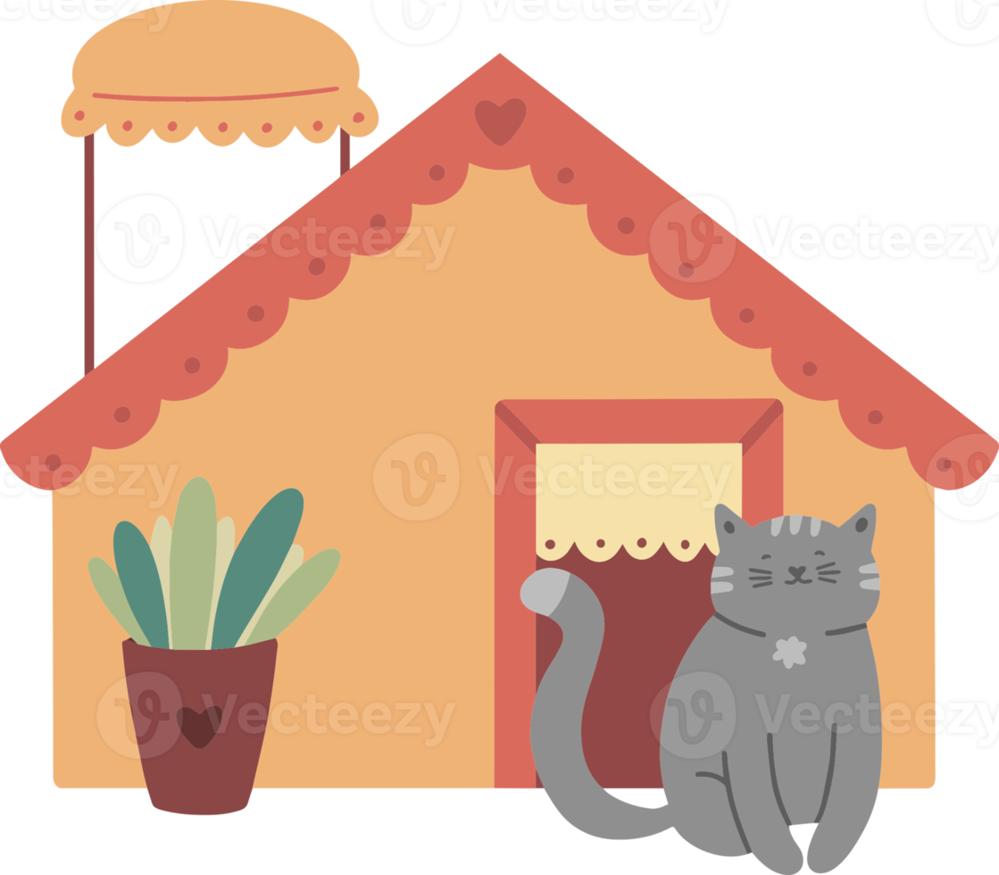 Cartoon illustration with cat and modern house png