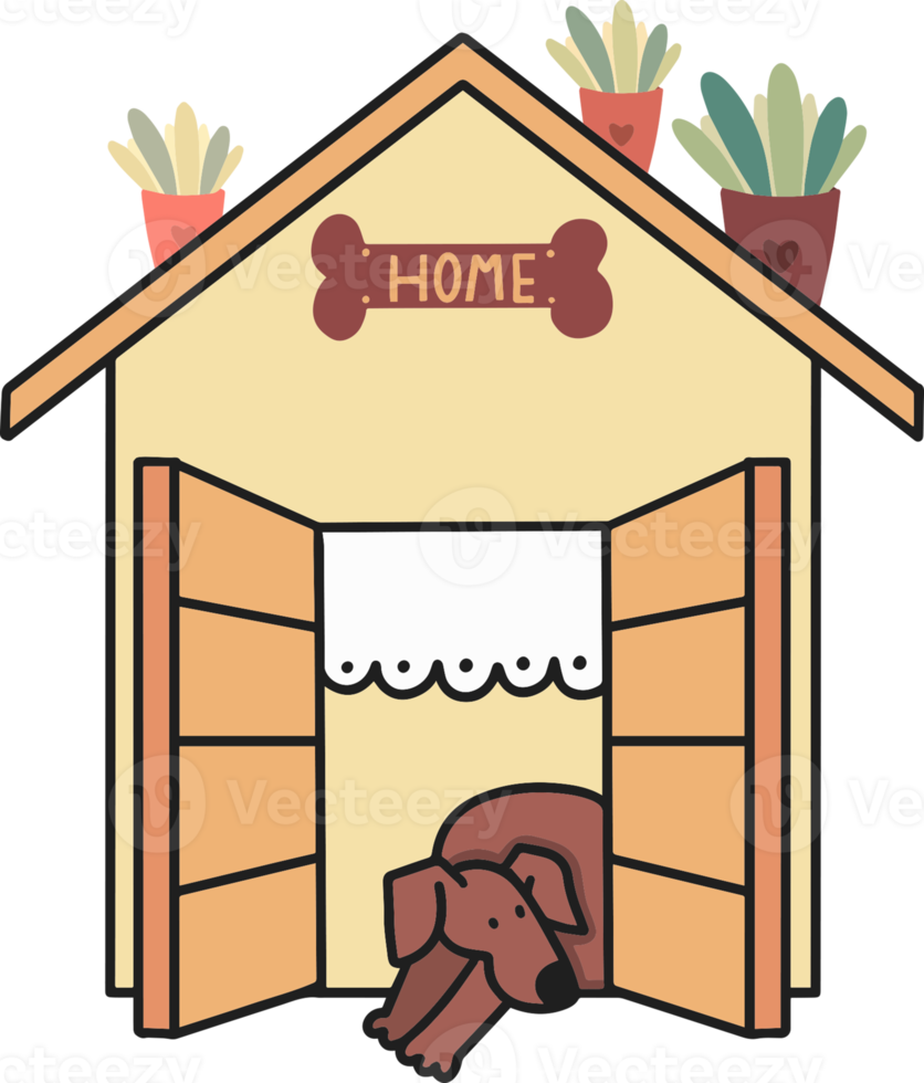 Modern house with the sleeping dog, cartoon illustration. png