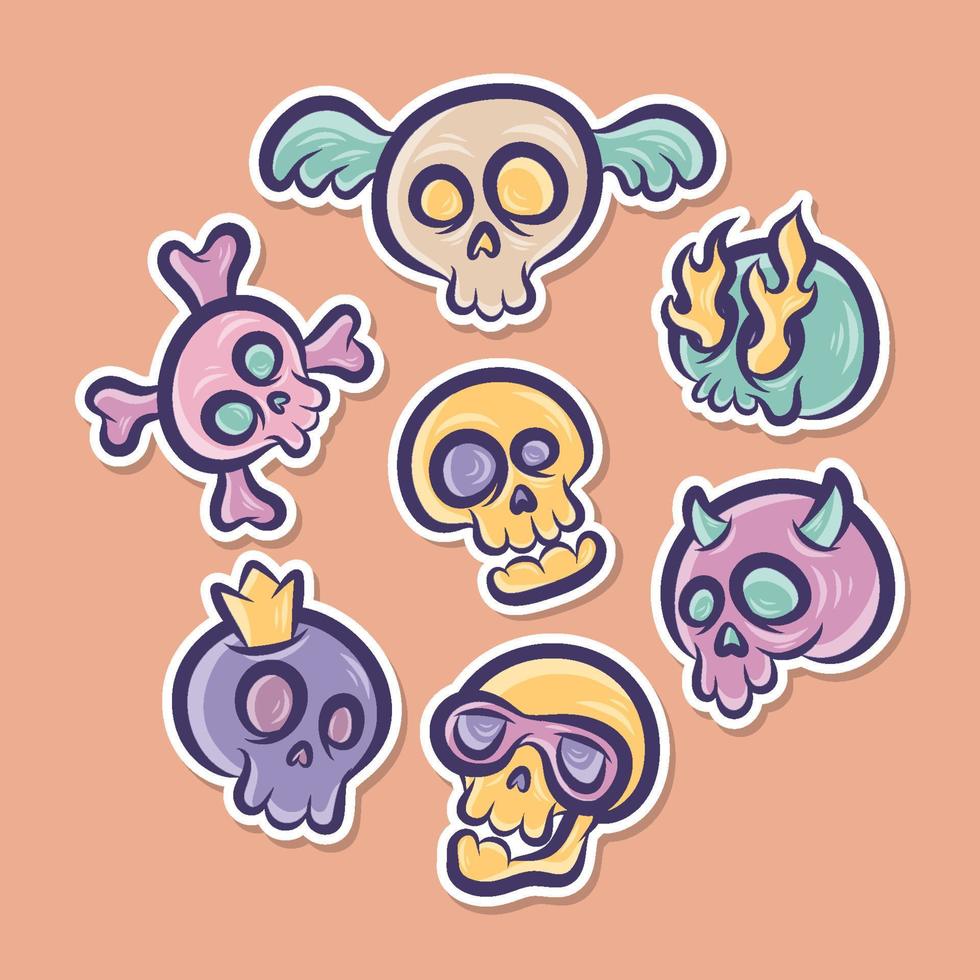 colección de pegatinas de dibujos animados lindo cráneo kawaii vector