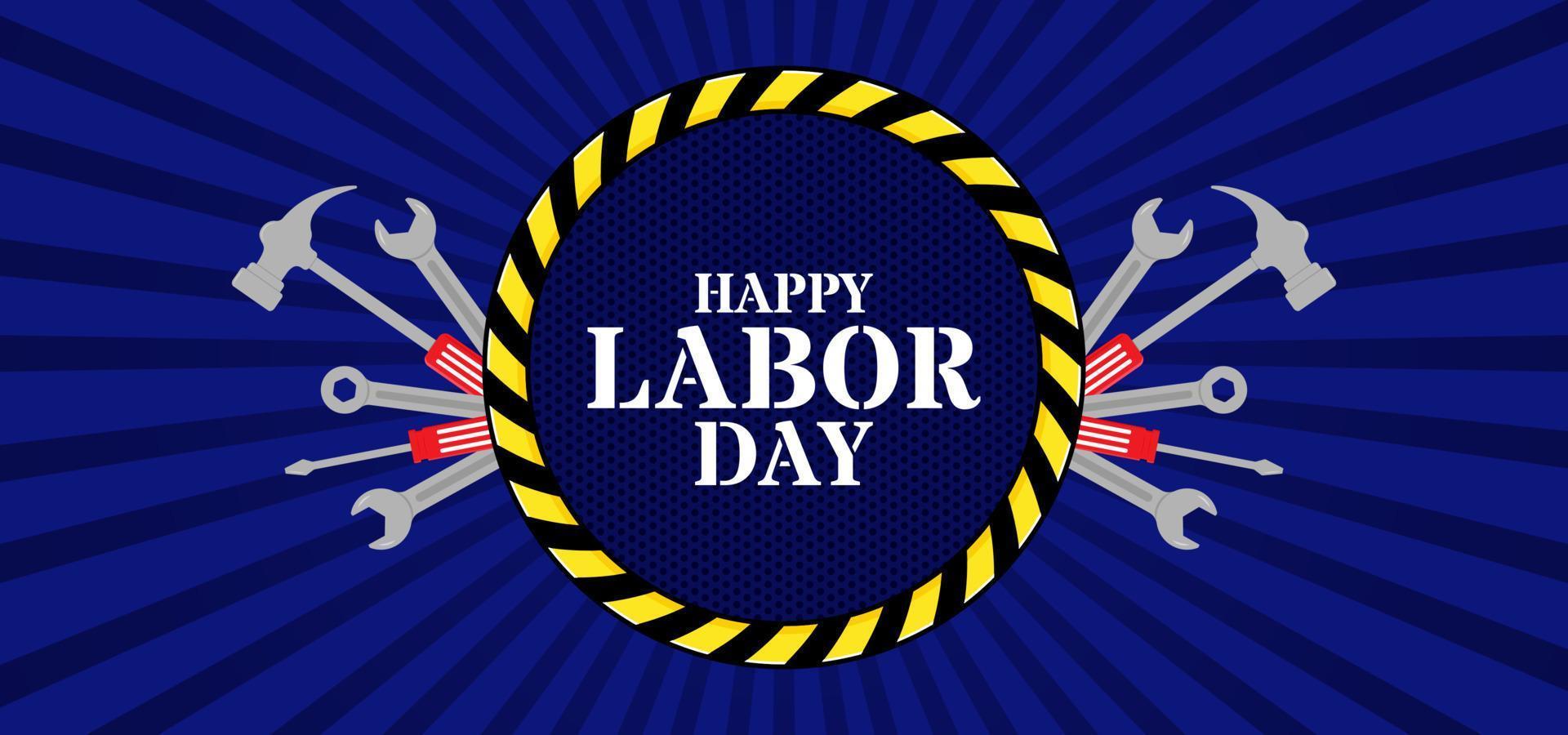 Happy Labor Day template background. Blue background with carpentry tool symbols. Vector illustration