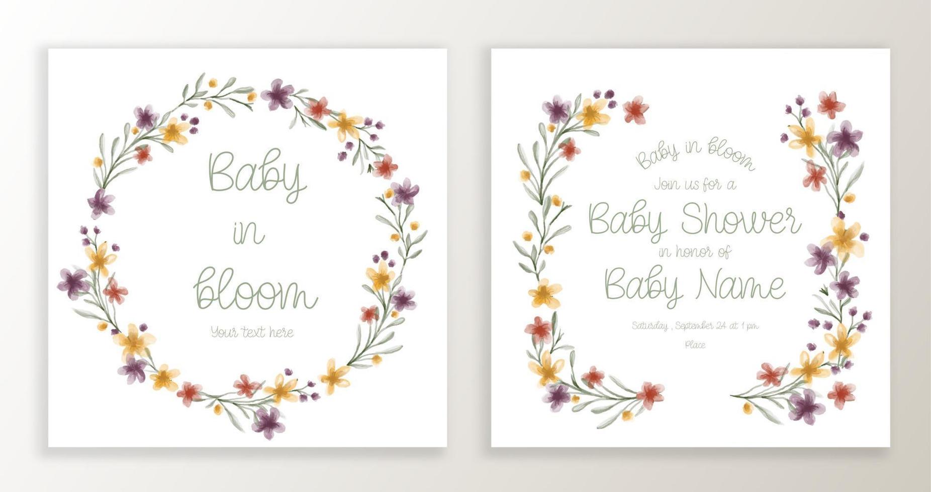 plantilla de invitación de baby shower con elementos de diseño floral y tipográfico de acuarela. vector