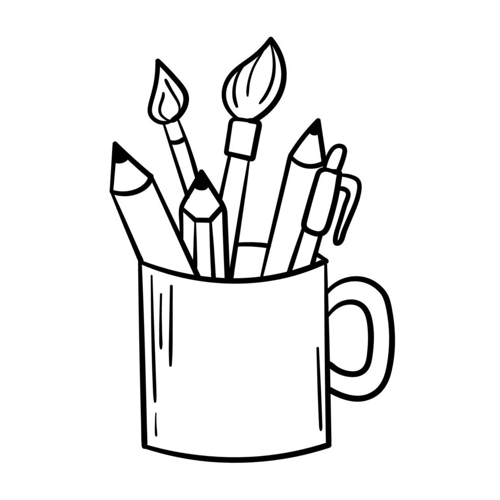 Doodle sticker mug with pencils and other stationery vector