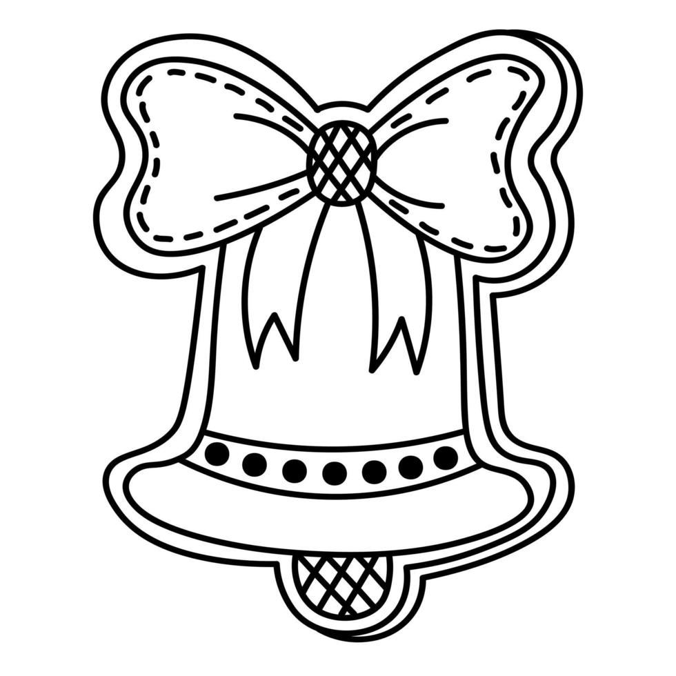 galleta de jengibre con forma de campana navideña con cinta, en estilo lineal vector