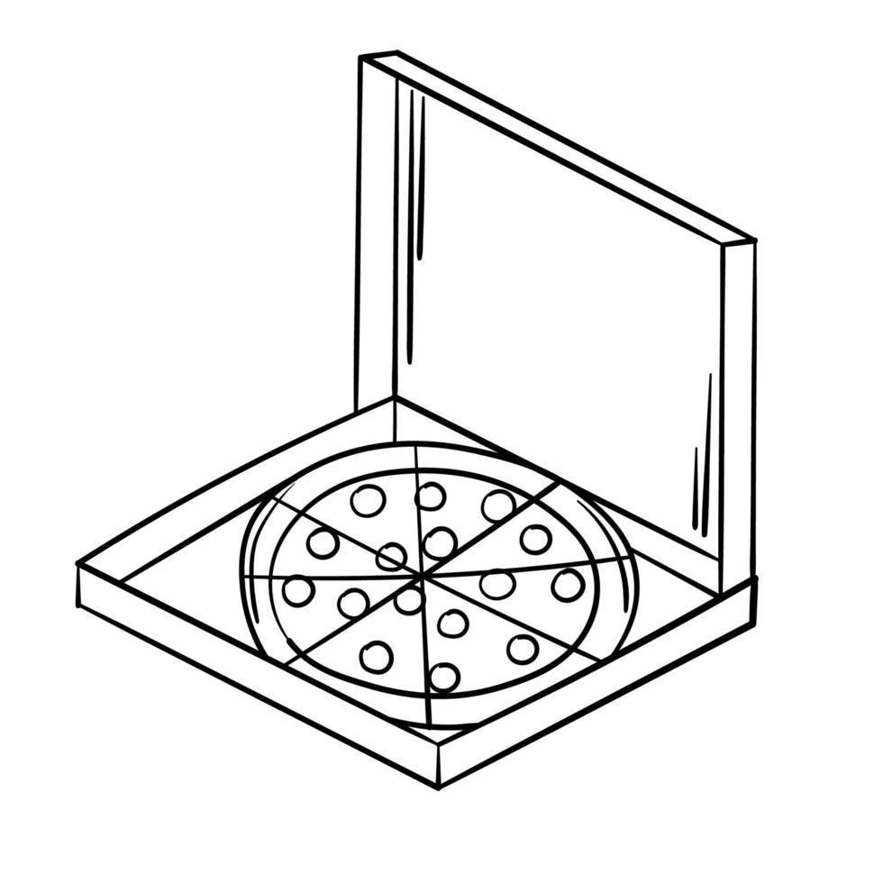 Doodle sticker box with pepperoni pizza vector