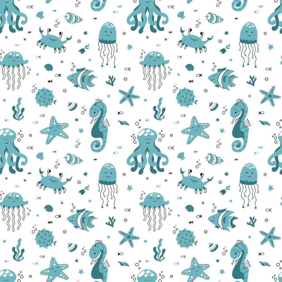 Cute seamless pattern with a nautical theme. Ocean and sea life background for fabric and packaging. Vector illustration for children.