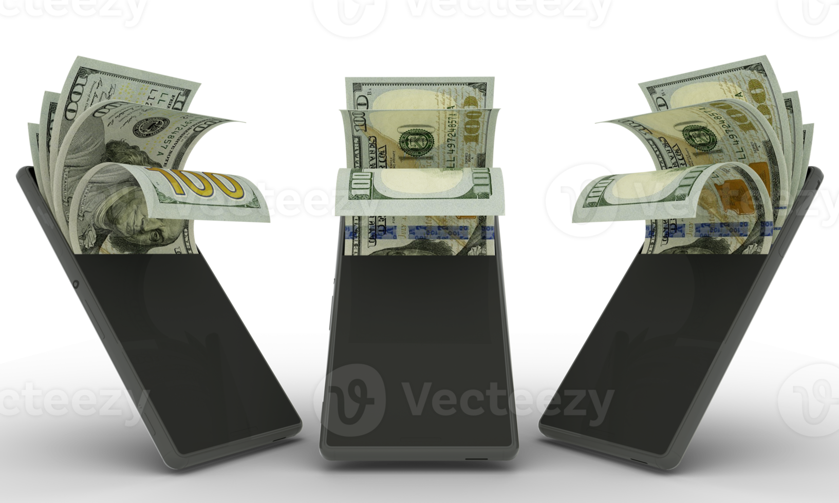 100 US-Dollar-Noten in einem Mobiltelefon. geld kommt aus dem handy. 3D-Rendering eines Satzes von mobilen Geldtransaktionskonzepten. Geld vom Telefon png