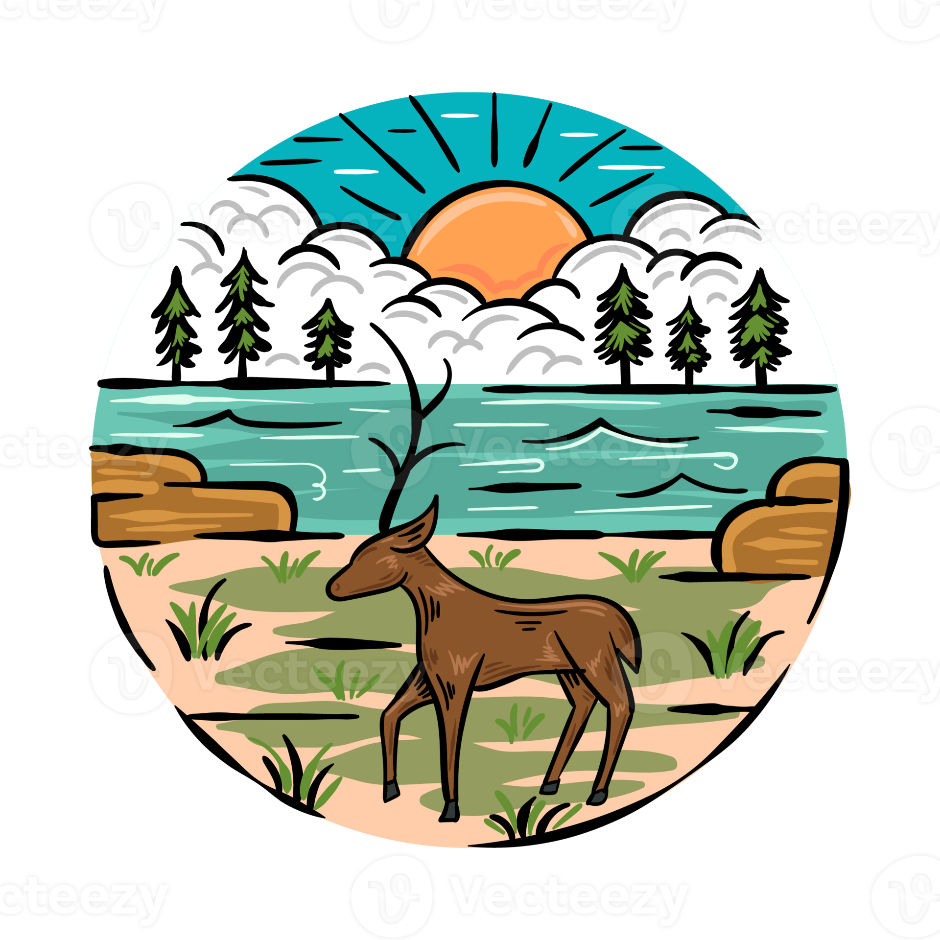 Deer By The Lake Hand Drawn Illustration 10884660 PNG Deer By The Lake Hand Drawn Illustration Png