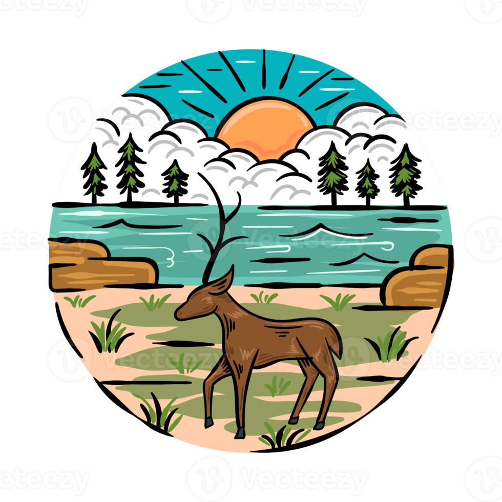 Deer by the Lake Hand Drawn Illustration png
