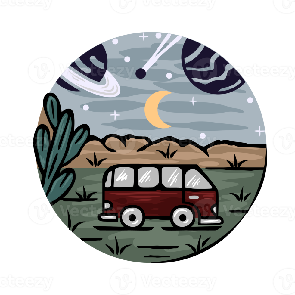 Van Under the Planet Hand Drawing Illustration png