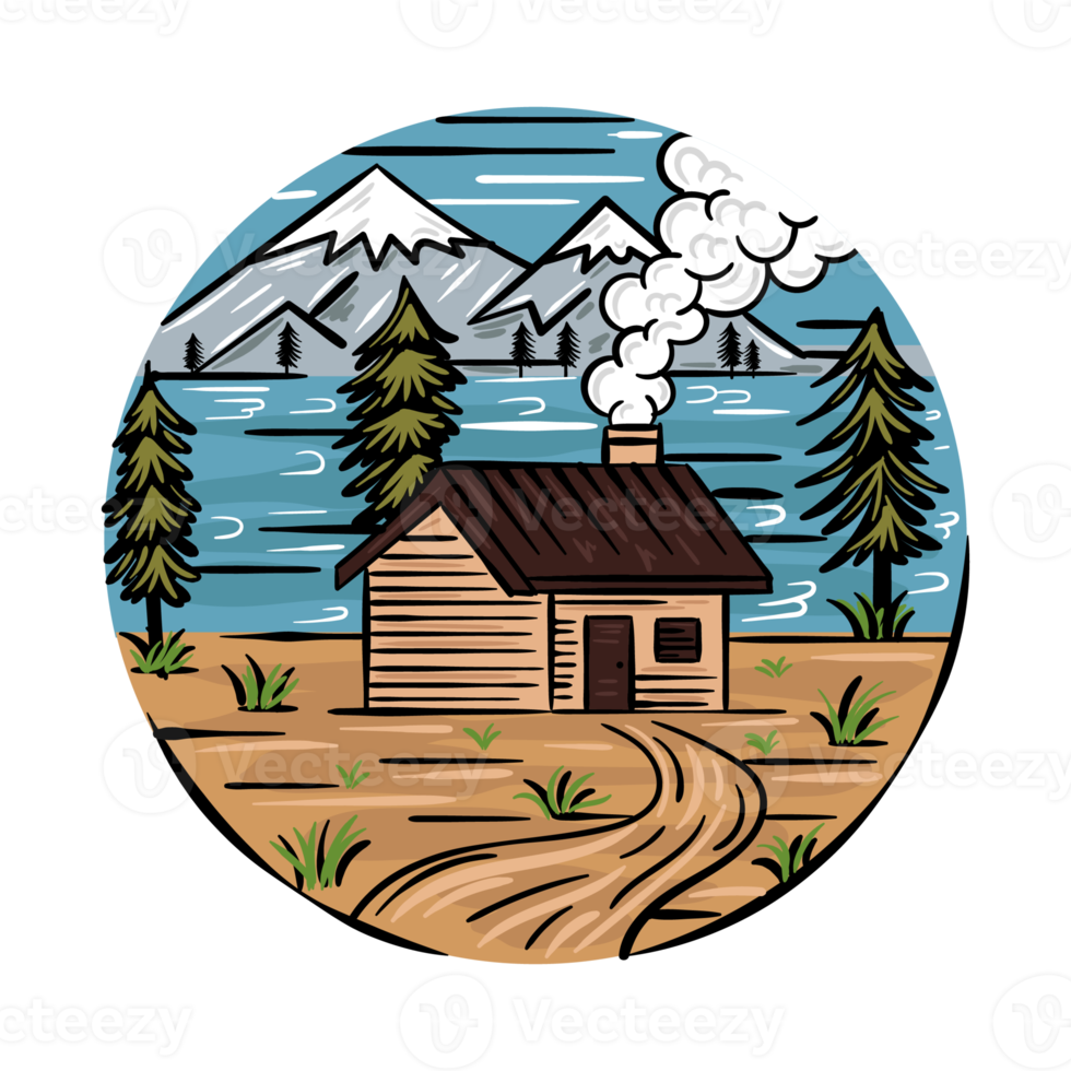 Wooden House by the Lake Hand Drawing Illustration png