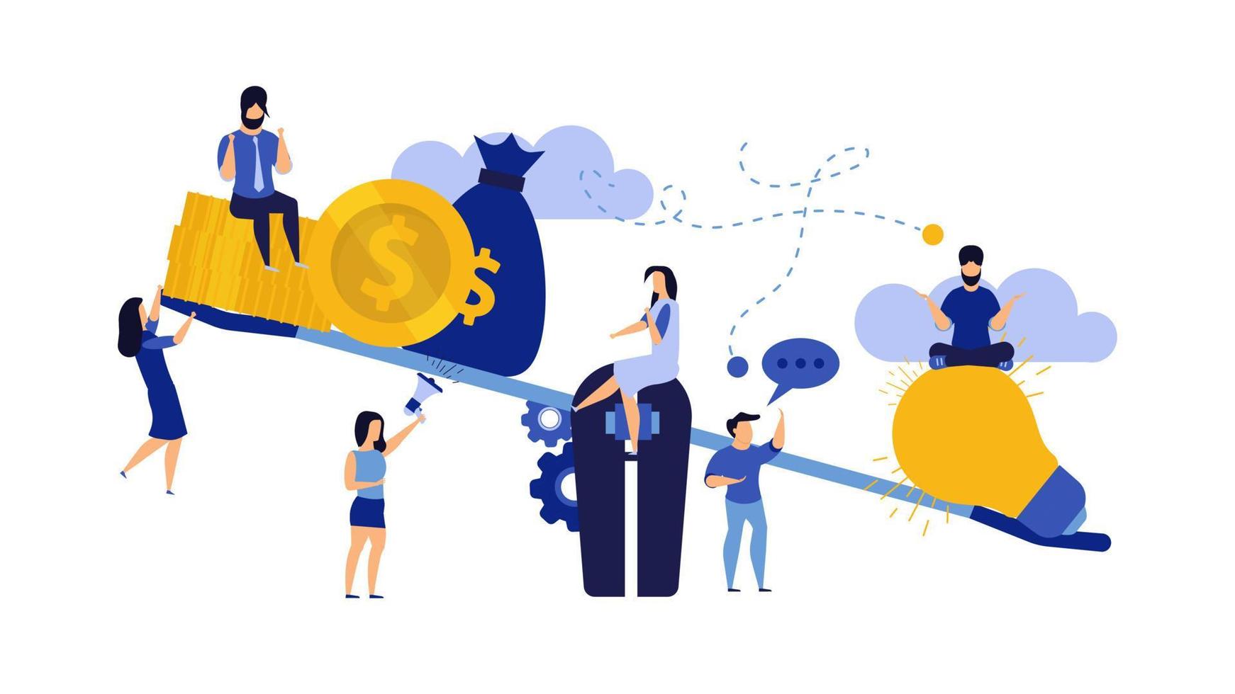 Money balance on scale comparison equilibrium vector business illustration. Idea light bulb and gold coin finance. Man and woman concept income investment earning. Profit work report weight cashflow