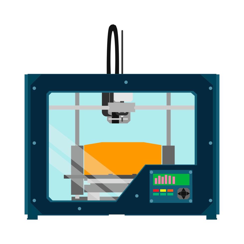 3D printer equipment industrial device tool. Flat vector icon machine