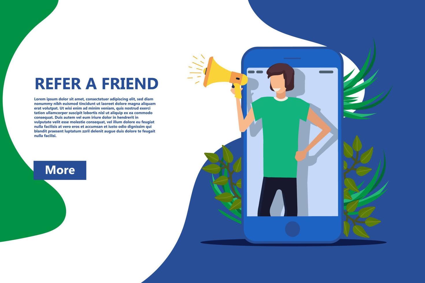 Refer a friend vector business poster, Referral person with megaphone buzz alert. Money job recommend marketing template. Illustration network announcement program advice offer banner concept