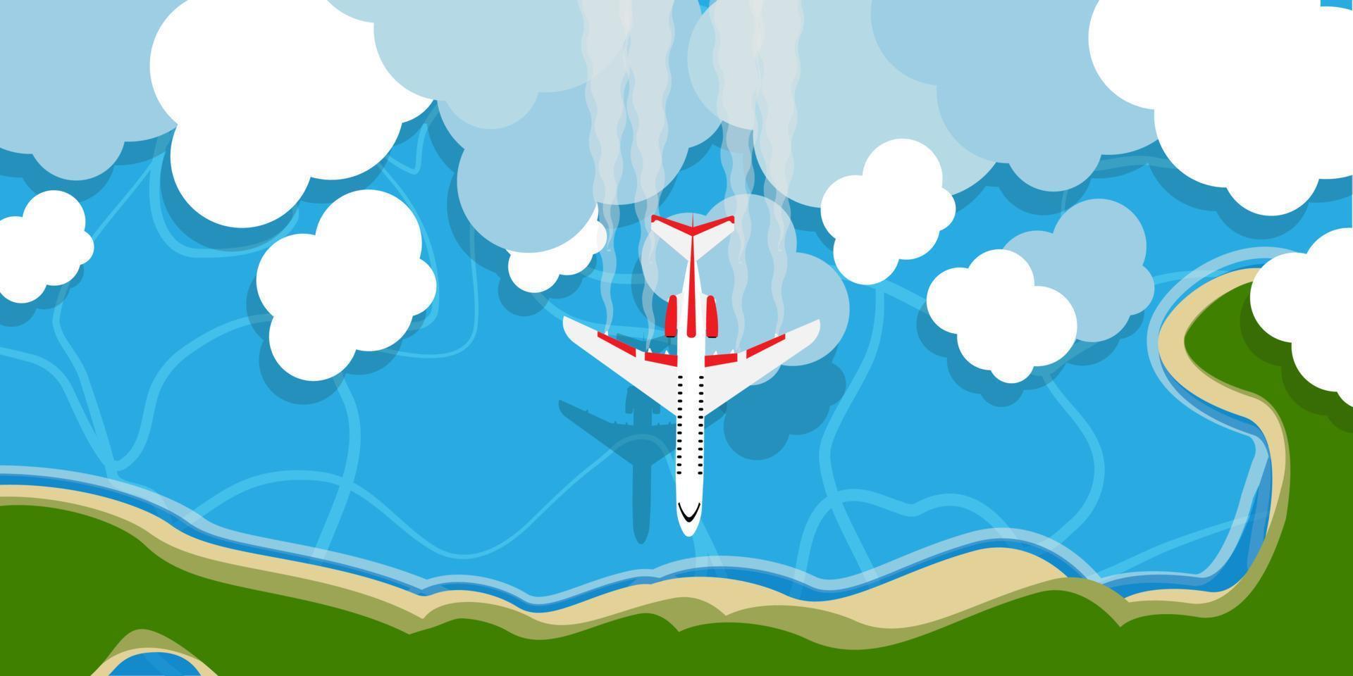 Plane above sky cloud vector illustration background concept. Travel cartoon flying jet top view. Outdoor holiday adventure vacation