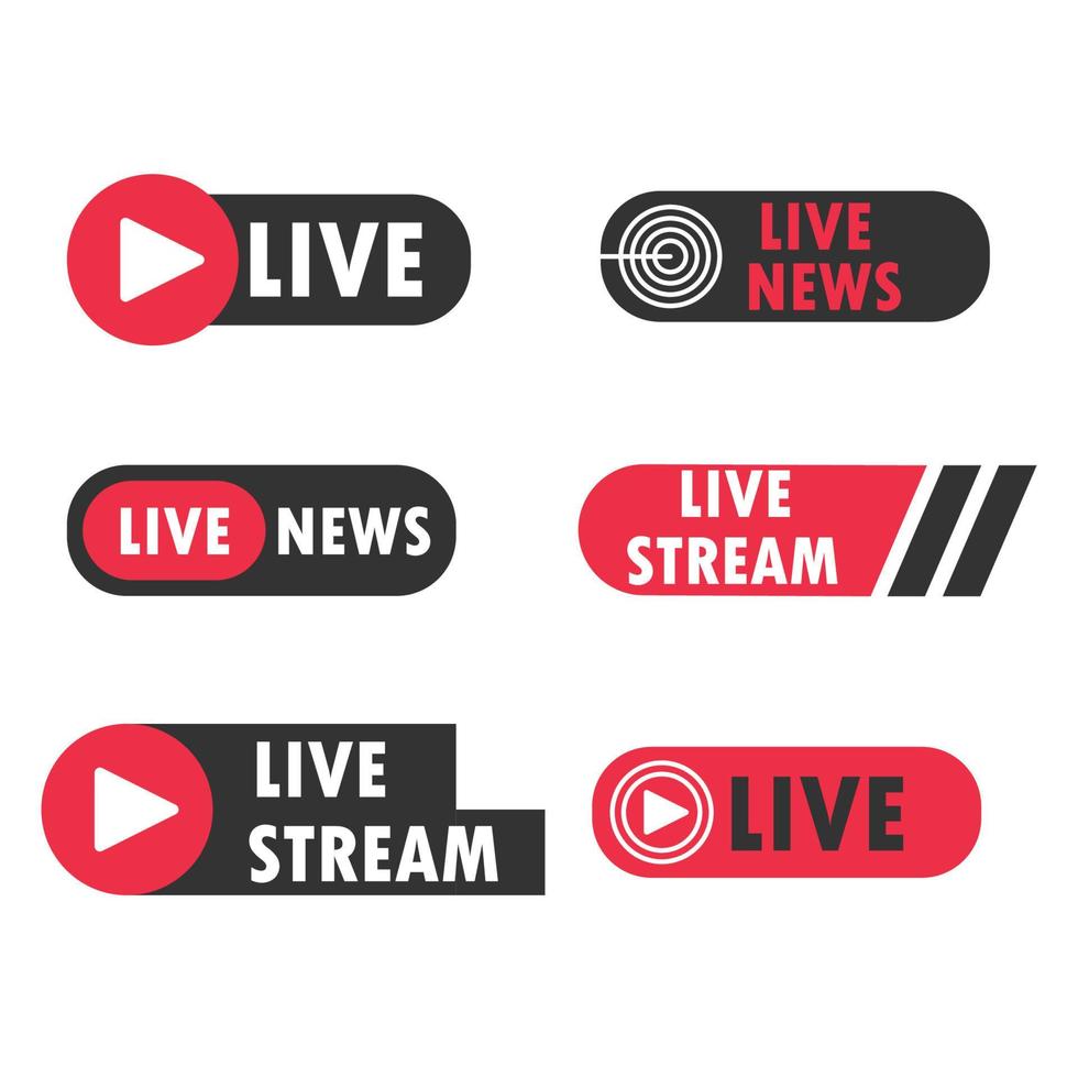 Collection of banners news live streams. Broadcasting live television symbols in black and red. Online stream video icons vector illustration